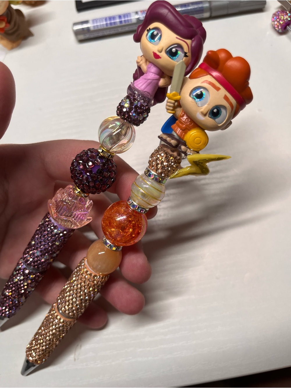 Hercules refillable fancy beaded pens with doorables - set of 2
